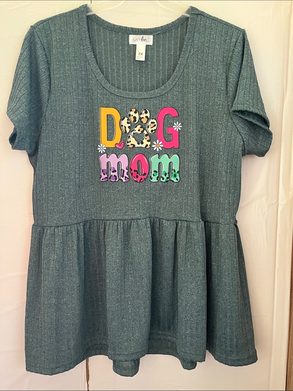 Just Be green/Teal color Ribbed "DOG mom" Peplum Tee